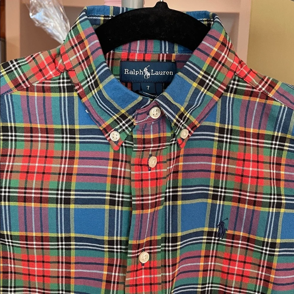 NWT Boy’s Ralph Lauren Navy and White Tag Plaid Shirt, Sz 7